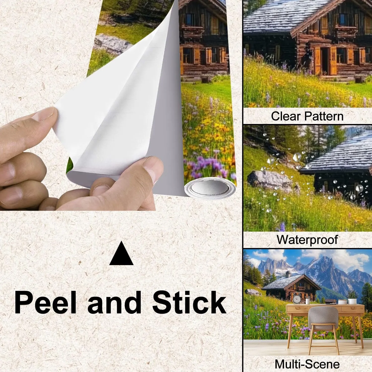 Wall Mural Peel & Stick Alpine Scenery Mountain Chalet Summer Self-Adhesive Wallpaper Removable Wall Decal Wall Sticker Home Decor for Living Room Bedroom 69"x96"
