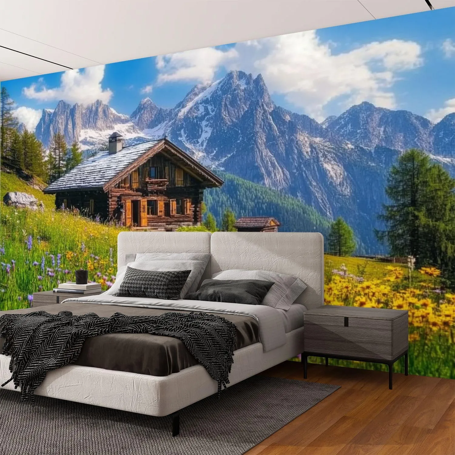 Wall Mural Peel & Stick Alpine Scenery Mountain Chalet Summer Self-Adhesive Wallpaper Removable Wall Decal Wall Sticker Home Decor for Living Room Bedroom 69"x96"