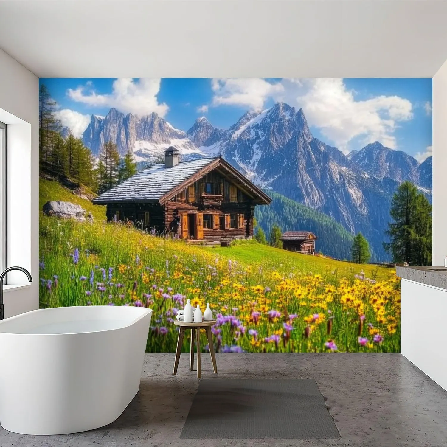 Wall Mural Peel & Stick Alpine Scenery Mountain Chalet Summer Self-Adhesive Wallpaper Removable Wall Decal Wall Sticker Home Decor for Living Room Bedroom 69"x96"
