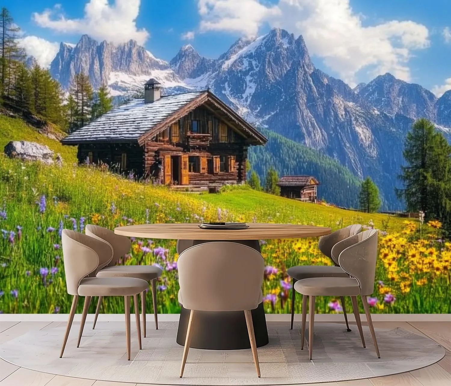 Wall Mural Peel & Stick Alpine Scenery Mountain Chalet Summer Self-Adhesive Wallpaper Removable Wall Decal Wall Sticker Home Decor for Living Room Bedroom 69"x96"