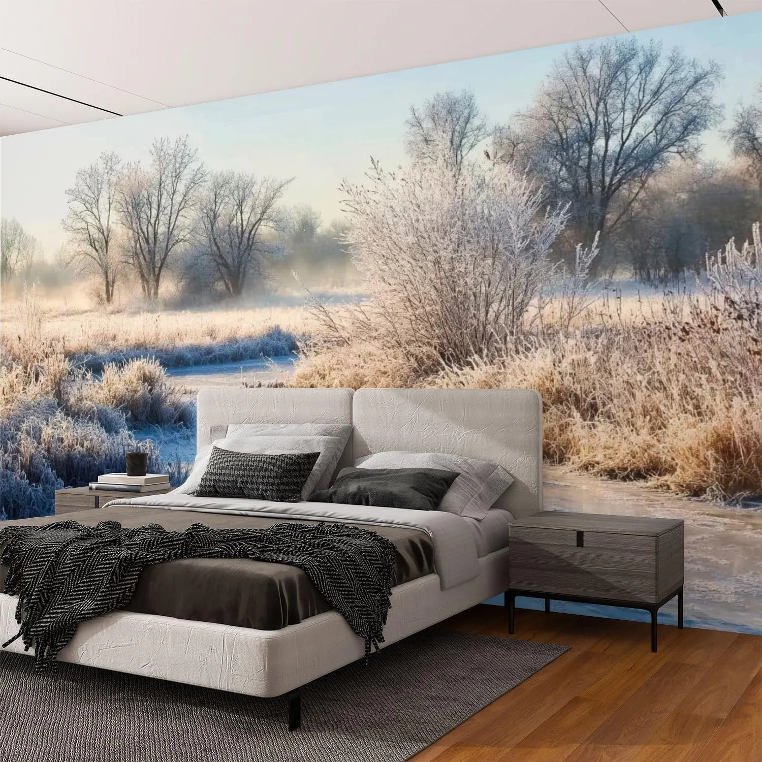 Wall Mural Peel & Stick Bark River County Wisconsin Clear Cold Winters Morning Hoar Frost Self-Adhesive Wallpaper Removable Wall Decal Wall Sticker Home Decor for Living Room Bedroom 100"x144"