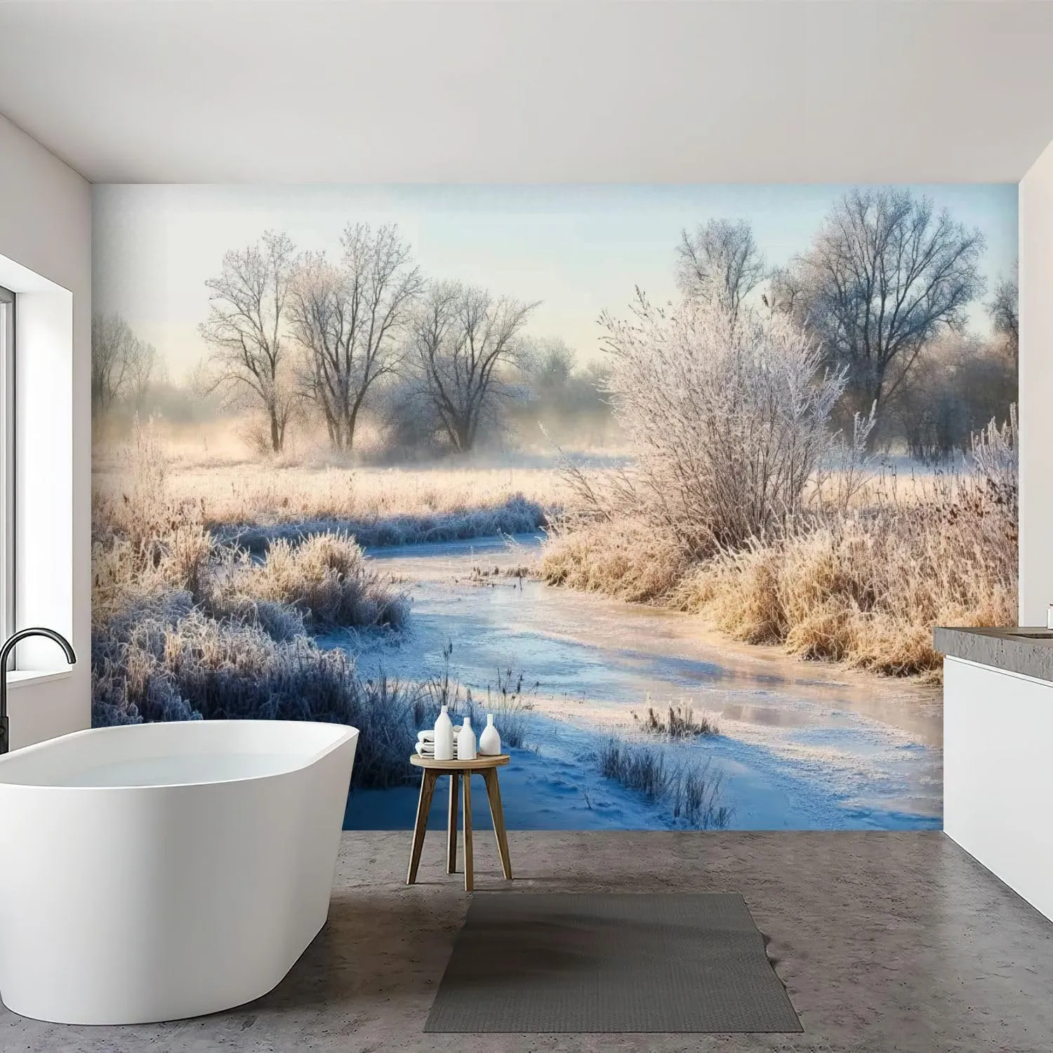 Wall Mural Peel & Stick Bark River County Wisconsin Clear Cold Winters Morning Hoar Frost Self-Adhesive Wallpaper Removable Wall Decal Wall Sticker Home Decor for Living Room Bedroom 100"x144"