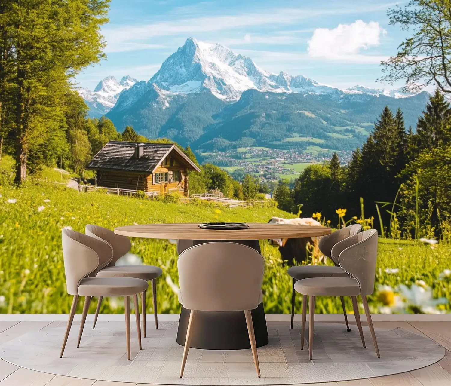 Wall Mural Peel & Stick Idyllic Alpine Scenery Mountain chalets Cow grazing Green Meadows Self-Adhesive Wallpaper Removable Wall Decal Wall Sticker Home Decor for Living Room Bedroom 100"x144"