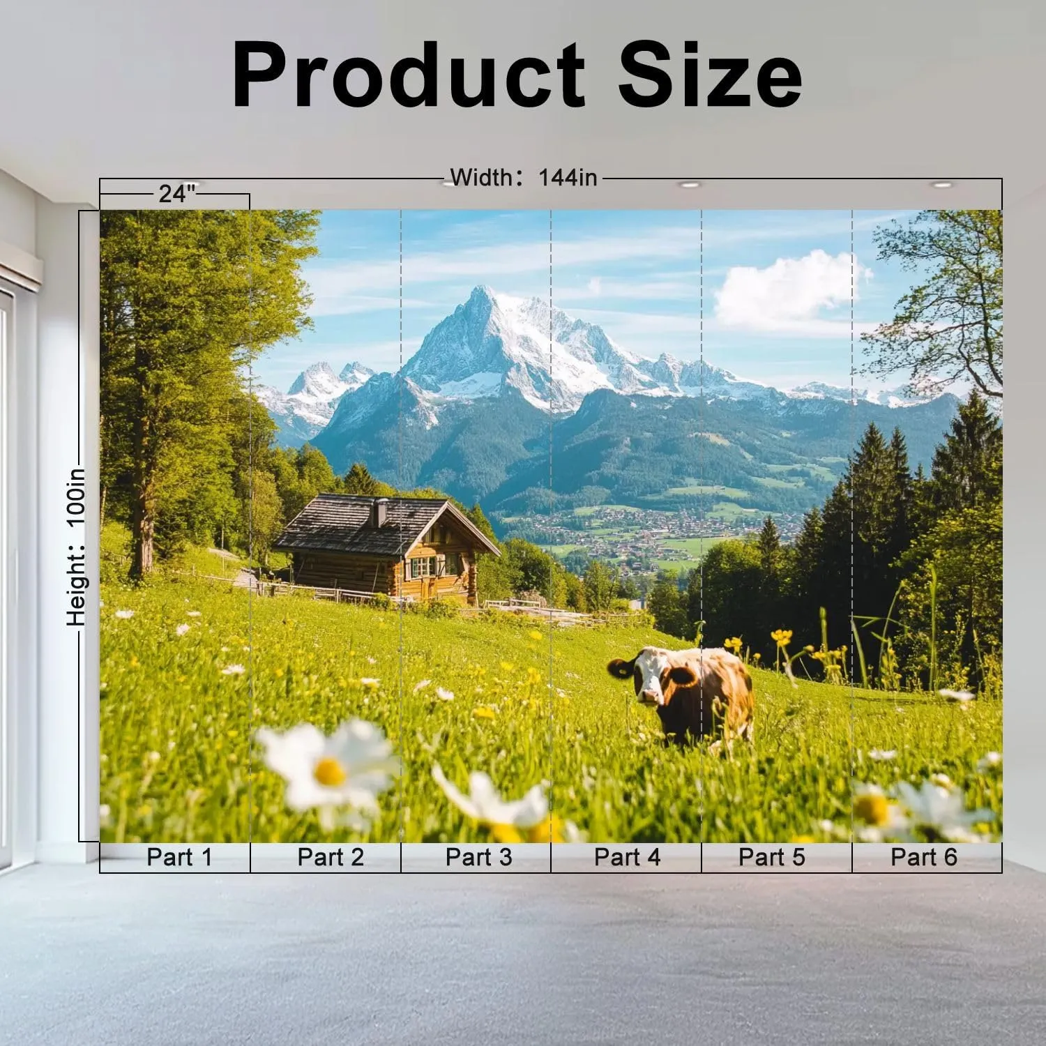 Wall Mural Peel & Stick Idyllic Alpine Scenery Mountain chalets Cow grazing Green Meadows Self-Adhesive Wallpaper Removable Wall Decal Wall Sticker Home Decor for Living Room Bedroom 100"x144"