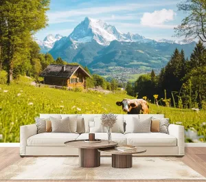 Wall Mural Peel & Stick Idyllic Alpine Scenery Mountain chalets Cow grazing Green Meadows Self-Adhesive Wallpaper Removable Wall Decal Wall Sticker Home Decor for Living Room Bedroom 100"x144"