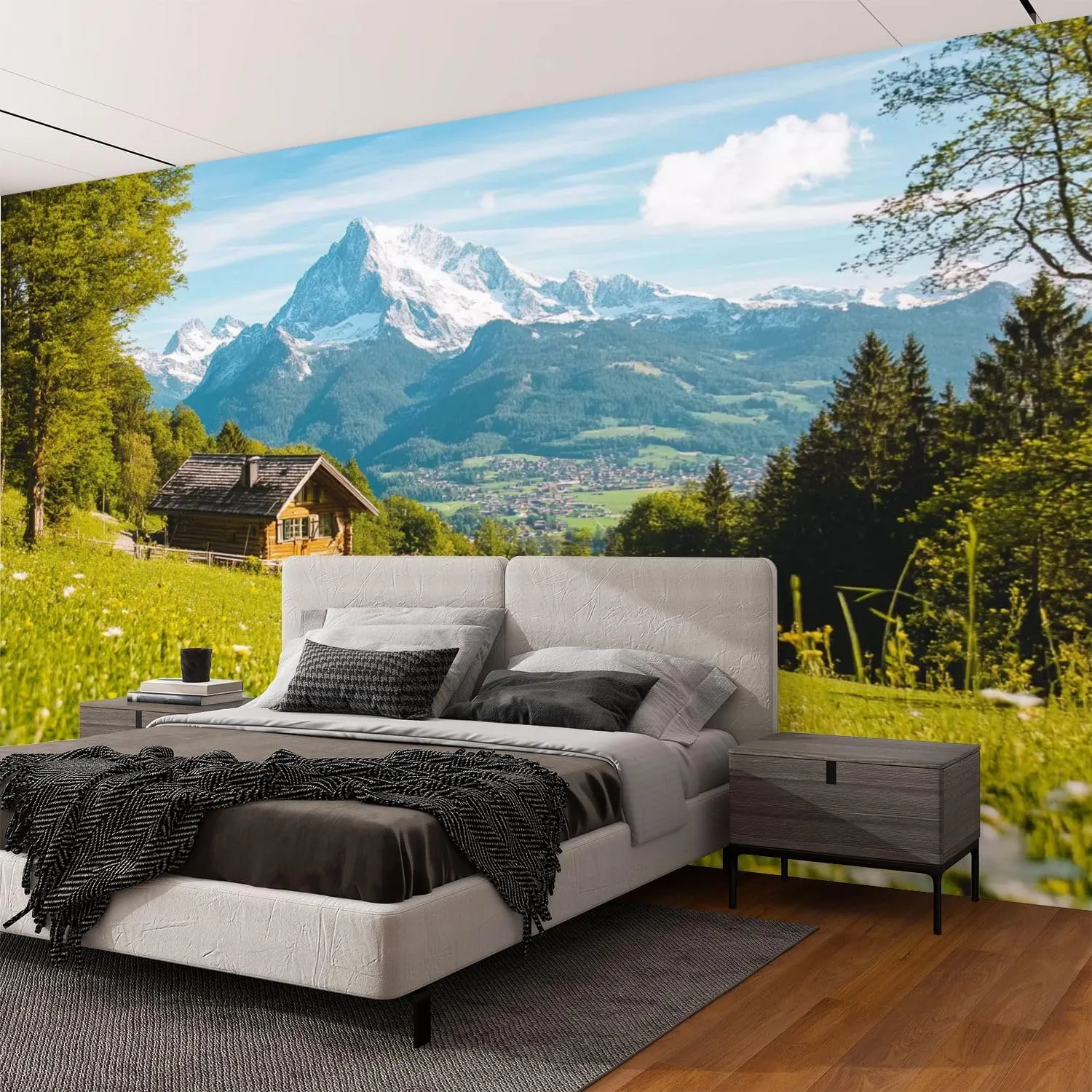 Wall Mural Peel & Stick Idyllic Alpine Scenery Mountain chalets Cow grazing Green Meadows Self-Adhesive Wallpaper Removable Wall Decal Wall Sticker Home Decor for Living Room Bedroom 100"x144"