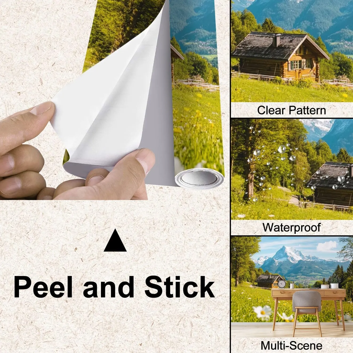 Wall Mural Peel & Stick Idyllic Alpine Scenery Mountain chalets Cow grazing Green Meadows Self-Adhesive Wallpaper Removable Wall Decal Wall Sticker Home Decor for Living Room Bedroom 100"x144"