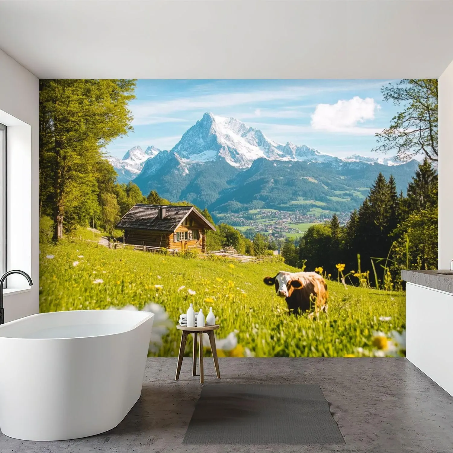 Wall Mural Peel & Stick Idyllic Alpine Scenery Mountain chalets Cow grazing Green Meadows Self-Adhesive Wallpaper Removable Wall Decal Wall Sticker Home Decor for Living Room Bedroom 100"x144"