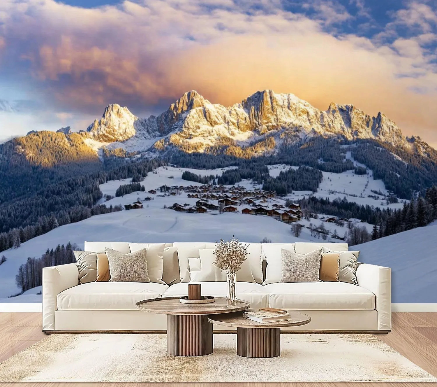 Wall Mural Peel & Stick Sunrise Idyllic Alpine Scenery Wilder Austria Mountains Panorama Self-Adhesive Wallpaper Removable Wall Decal Wall Sticker Home Decor for Living Room Bedroom 100"x144"