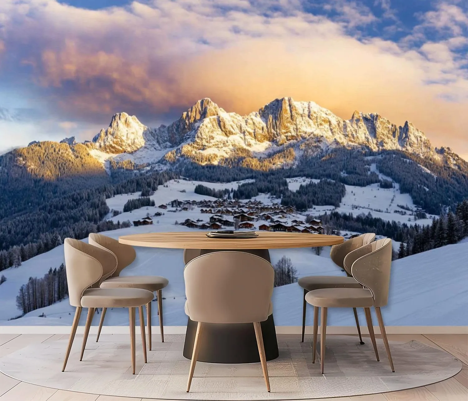 Wall Mural Peel & Stick Sunrise Idyllic Alpine Scenery Wilder Austria Mountains Panorama Self-Adhesive Wallpaper Removable Wall Decal Wall Sticker Home Decor for Living Room Bedroom 100"x144"