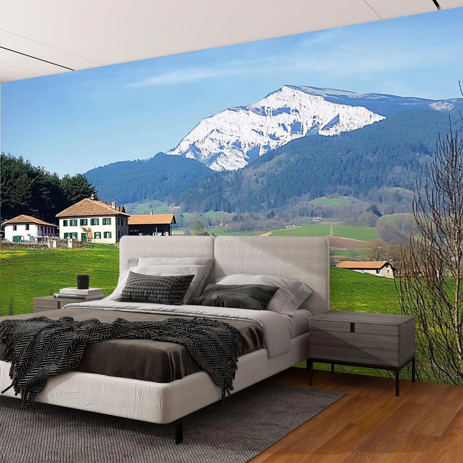 Wall Mural Peel & Stick Village Aramaio Valley Snowy Mountains Basque Country Self-Adhesive Wallpaper Removable Wall Decal Wall Sticker Home Decor for Living Room Bedroom 69"x96"