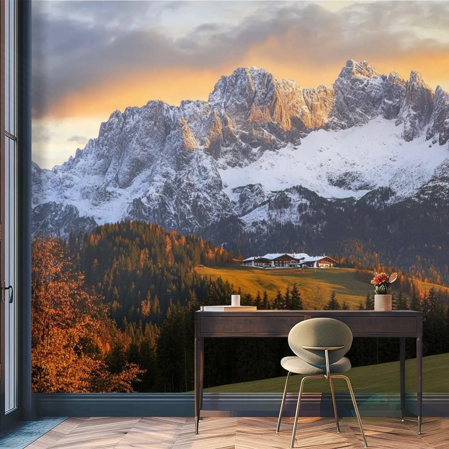 Wall Mural Sunrise Idyllic Alpine Scenery Farmhouse Front Wilder Austria Self Adhesive Wallpaper Peel & Stick Wall Decal Sticker Poster Home Decor for Bedroom Living Room Bathroom 100"x144"