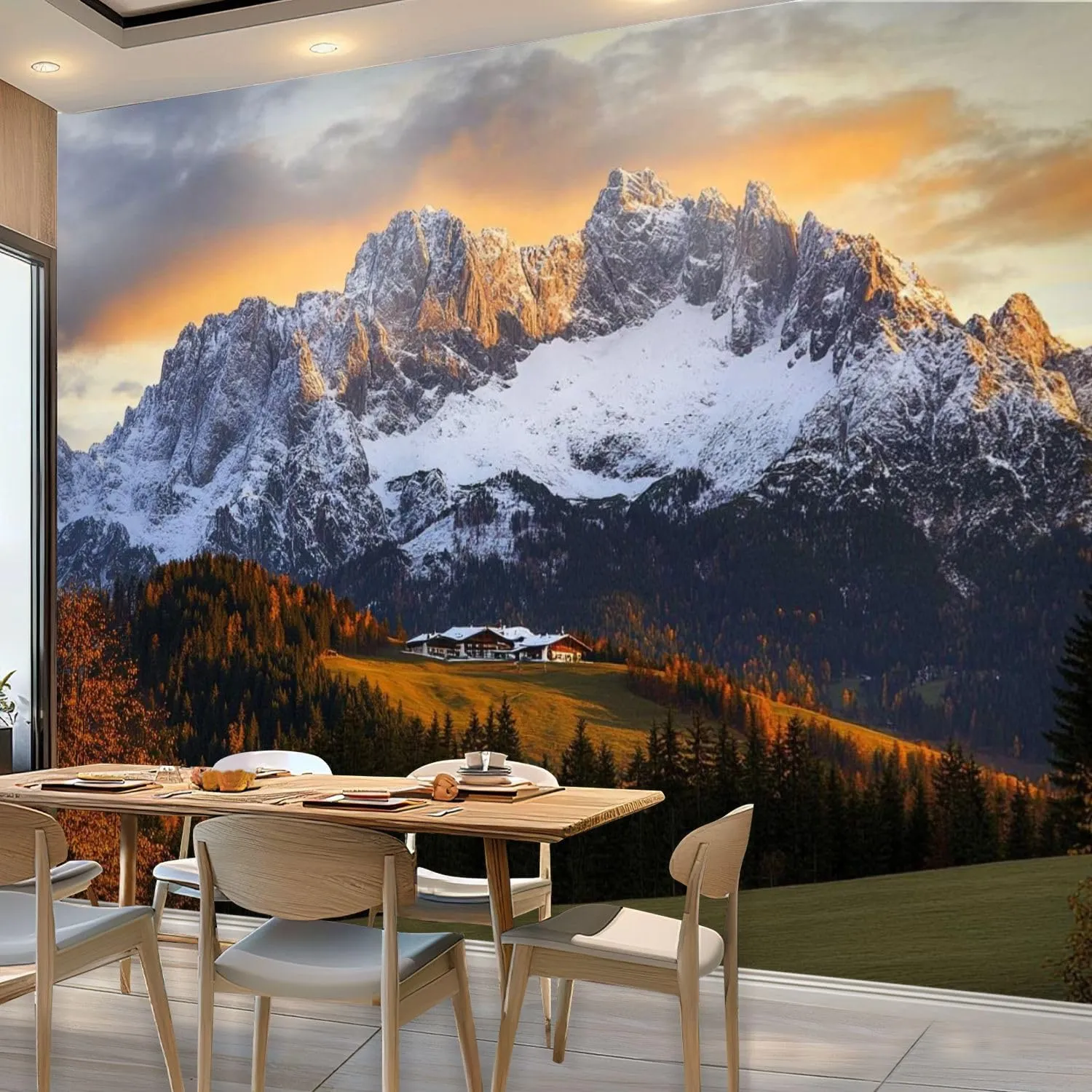 Wall Mural Sunrise Idyllic Alpine Scenery Farmhouse Front Wilder Austria Self Adhesive Wallpaper Peel & Stick Wall Decal Sticker Poster Home Decor for Bedroom Living Room Bathroom 100"x144"