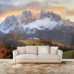 Wall Mural Sunrise Idyllic Alpine Scenery Farmhouse Front Wilder Austria Self Adhesive Wallpaper Peel & Stick Wall Decal Sticker Poster Home Decor for Bedroom Living Room Bathroom 100"x144"
