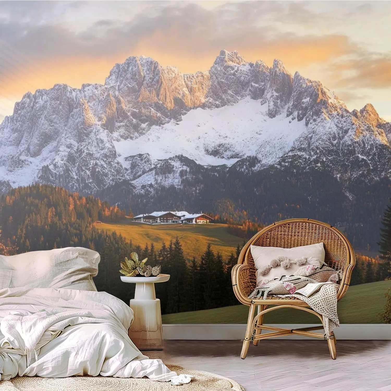 Wall Mural Sunrise Idyllic Alpine Scenery Farmhouse Front Wilder Austria Self Adhesive Wallpaper Peel & Stick Wall Decal Sticker Poster Home Decor for Bedroom Living Room Bathroom 100"x144"