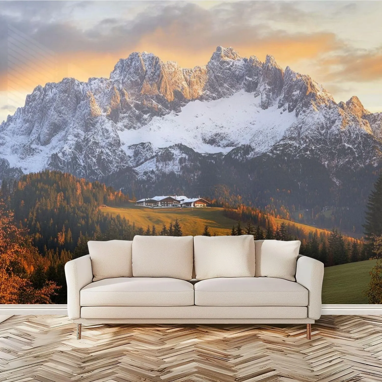 Wall Mural Sunrise Idyllic Alpine Scenery Farmhouse Front Wilder Austria Self Adhesive Wallpaper Peel & Stick Wall Decal Sticker Poster Home Decor for Bedroom Living Room Bathroom 100"x144"