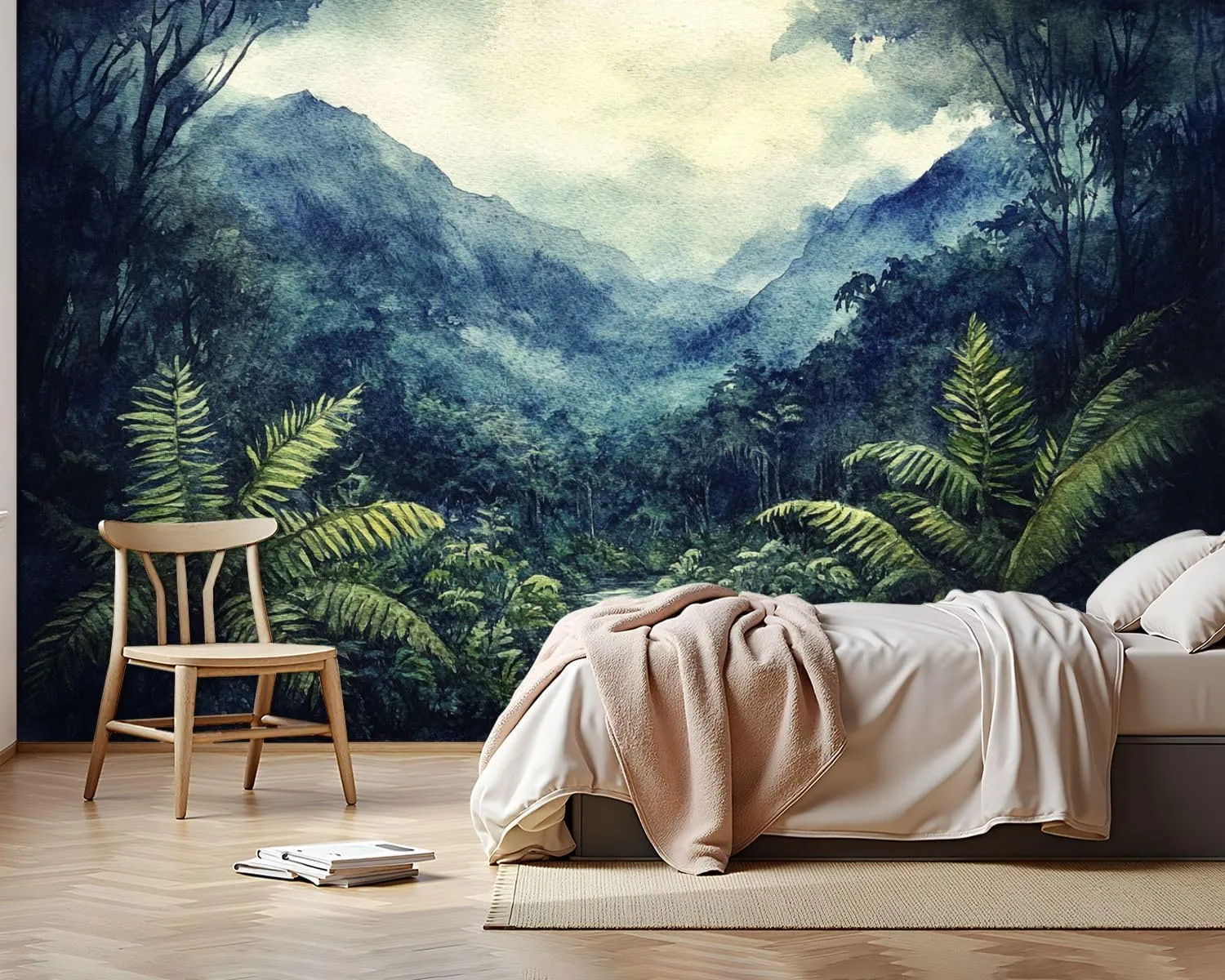 Wall Sticker/Wallpaper Dark Ferns Floral Boho Botanical Forest Black Tropical Mountain Ranges Silk Wall Mural, Not Peel and Stick Wall Paper Decorative for Living Room Bedroom 120x96inch