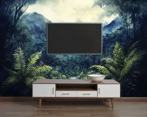 Wall Sticker/Wallpaper Dark Ferns Floral Boho Botanical Forest Black Tropical Mountain Ranges Silk Wall Mural, Not Peel and Stick Wall Paper Decorative for Living Room Bedroom 120x96inch