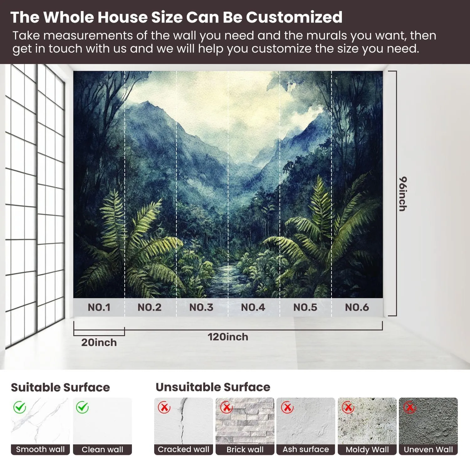 Wall Sticker/Wallpaper Dark Ferns Floral Boho Botanical Forest Black Tropical Mountain Ranges Silk Wall Mural, Not Peel and Stick Wall Paper Decorative for Living Room Bedroom 120x96inch
