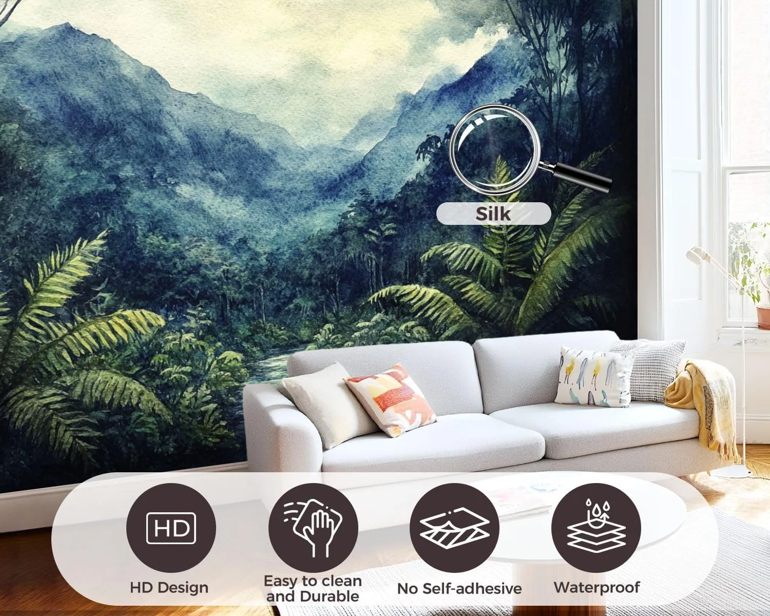 Wall Sticker/Wallpaper Dark Ferns Floral Boho Botanical Forest Black Tropical Mountain Ranges Silk Wall Mural, Not Peel and Stick Wall Paper Decorative for Living Room Bedroom 120x96inch