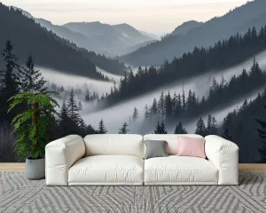 Wall Sticker/Wallpaper Misty Forest Morning Landscape View Evergreen Trees Fog Mountain Silk Wall Mural, Not Peel and Stick Wall Paper Decorative for Living Room Bedroom 172x120inch