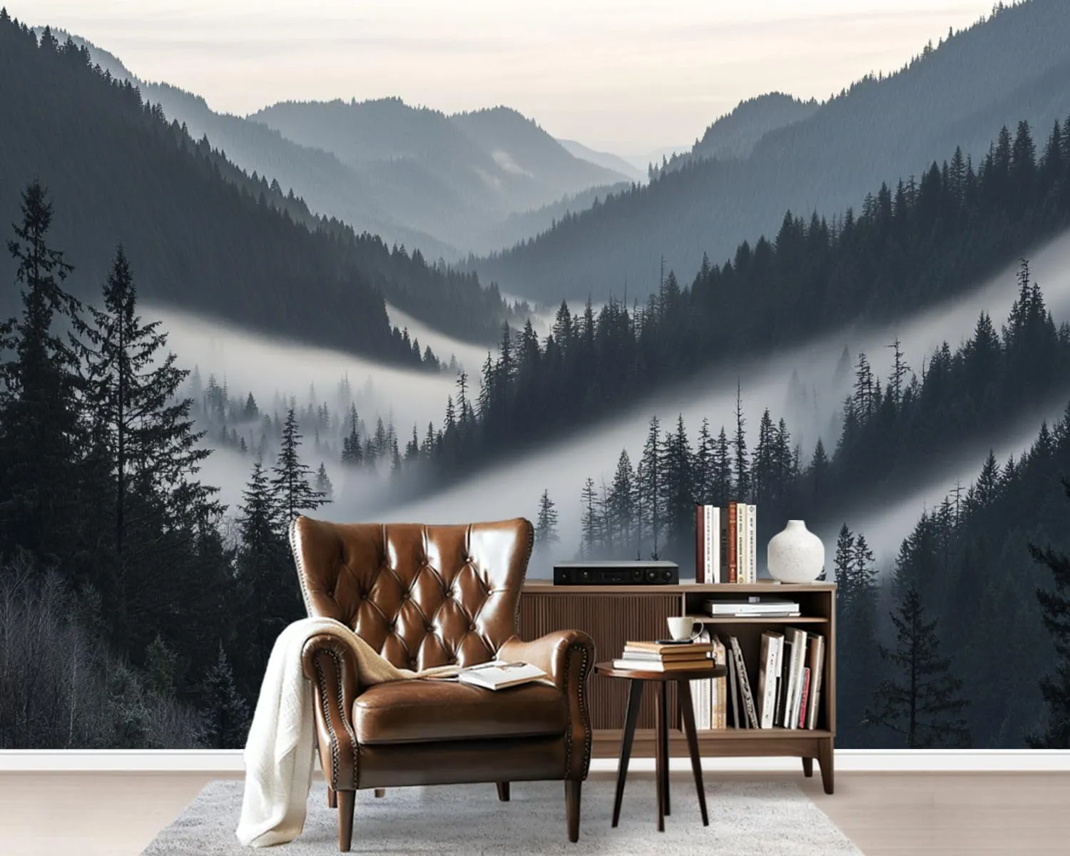 Wall Sticker/Wallpaper Misty Forest Morning Landscape View Evergreen Trees Fog Mountain Silk Wall Mural, Not Peel and Stick Wall Paper Decorative for Living Room Bedroom 172x120inch