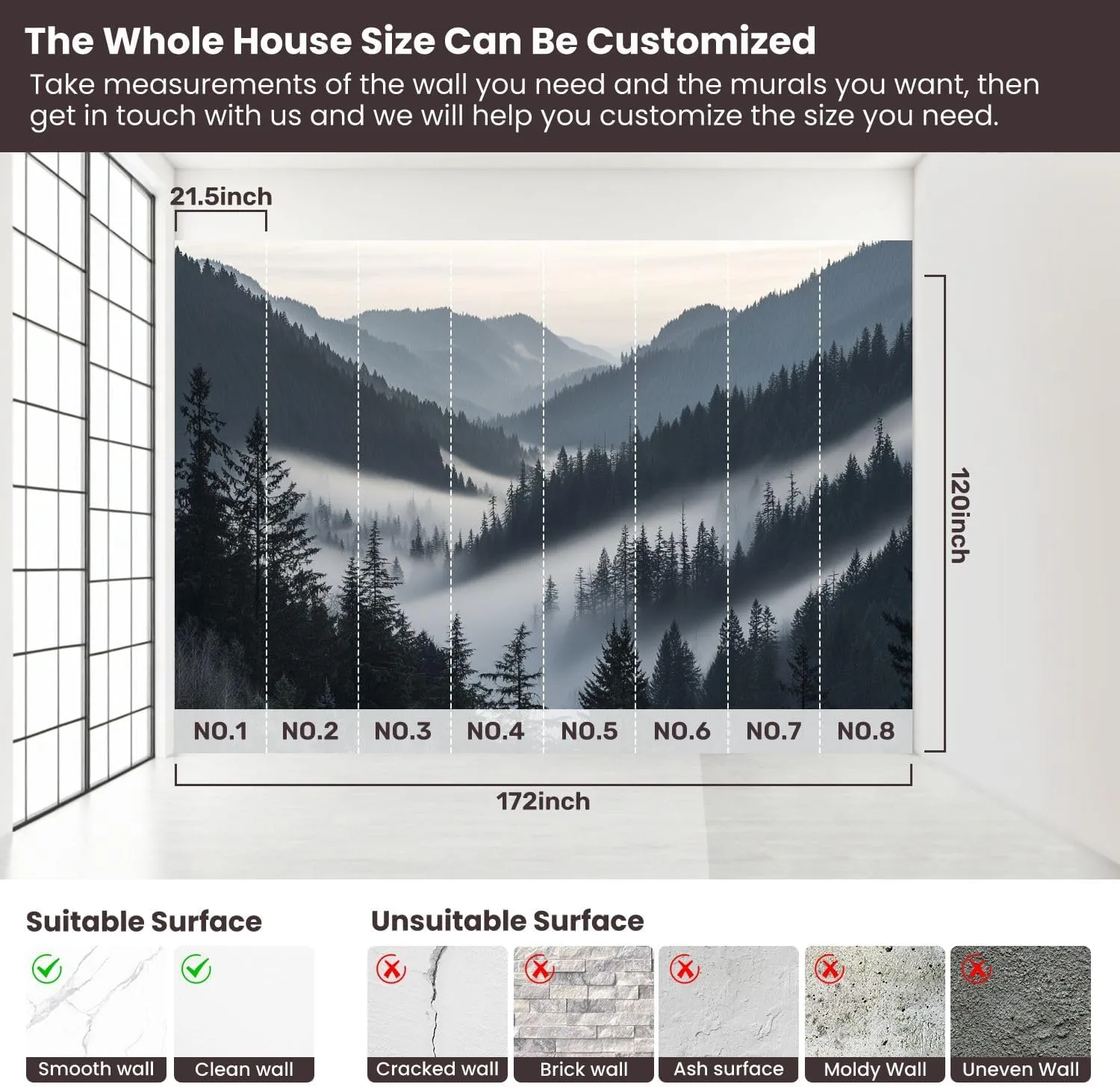 Wall Sticker/Wallpaper Misty Forest Morning Landscape View Evergreen Trees Fog Mountain Silk Wall Mural, Not Peel and Stick Wall Paper Decorative for Living Room Bedroom 172x120inch