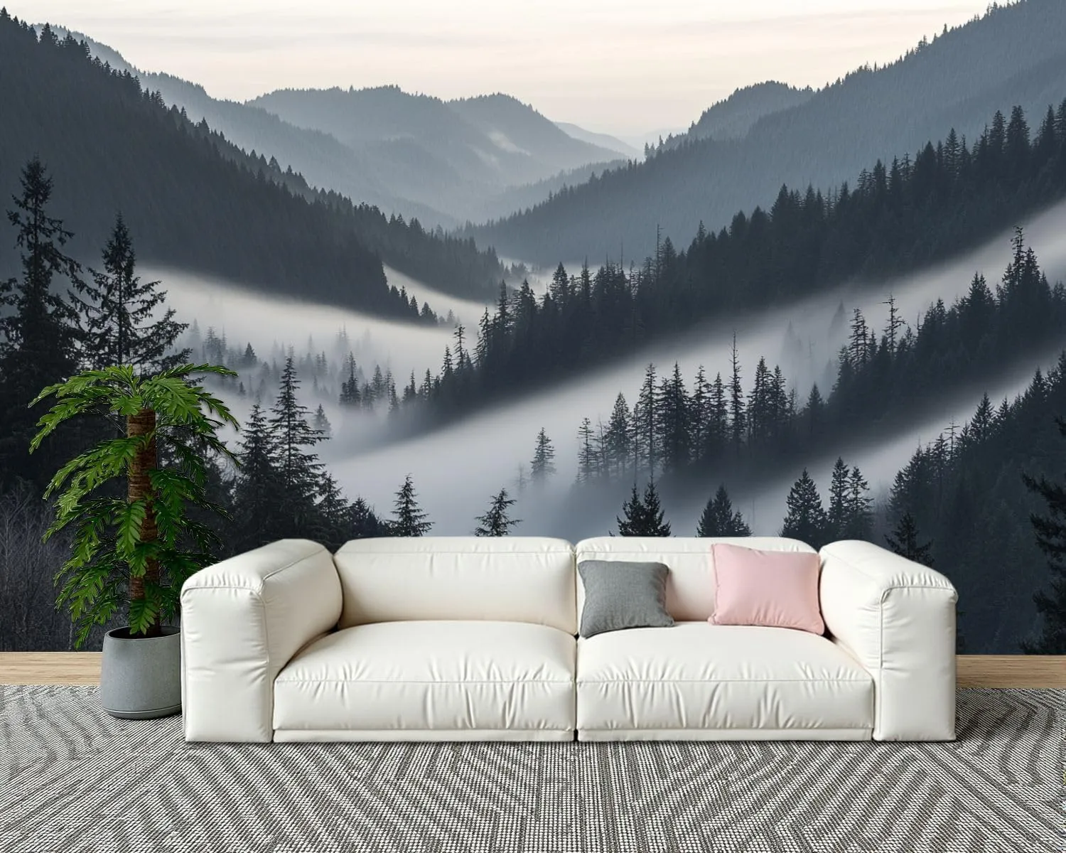 Wall Sticker/Wallpaper Misty Forest Morning Landscape View Evergreen Trees Fog Mountain Silk Wall Mural, Not Peel and Stick Wall Paper Decorative for Living Room Bedroom 172x120inch