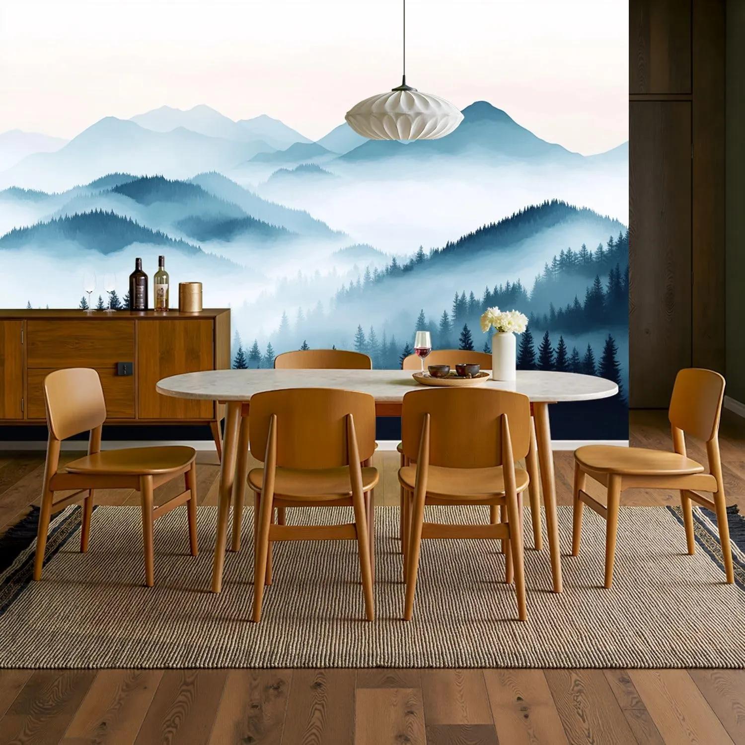 Wall Sticker/Wallpaper Nature Blue Mountain Foggy Forest Ranges Pine Trees Fog Distant Peaks Silk Wall Mural, Not Peel and Stick Wall Paper Decorative for Living Room Bedroom 149x96inch
