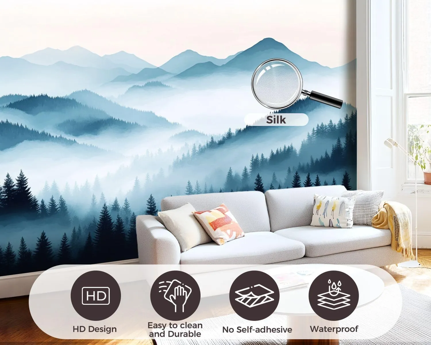 Wall Sticker/Wallpaper Nature Blue Mountain Foggy Forest Ranges Pine Trees Fog Distant Peaks Silk Wall Mural, Not Peel and Stick Wall Paper Decorative for Living Room Bedroom 149x96inch