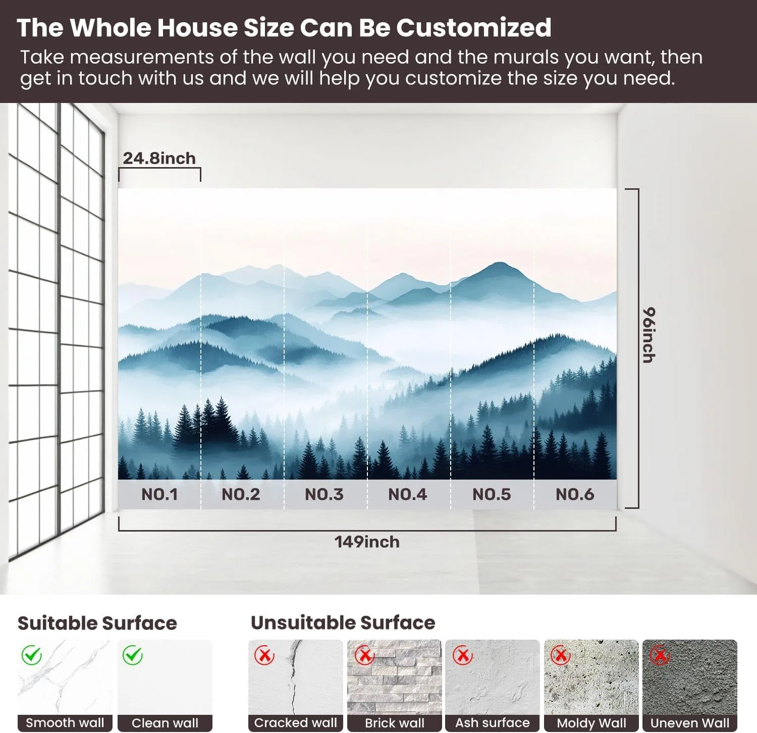 Wall Sticker/Wallpaper Nature Blue Mountain Foggy Forest Ranges Pine Trees Fog Distant Peaks Silk Wall Mural, Not Peel and Stick Wall Paper Decorative for Living Room Bedroom 149x96inch