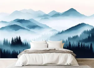 Wall Sticker/Wallpaper Nature Blue Mountain Foggy Forest Ranges Pine Trees Fog Distant Peaks Silk Wall Mural, Not Peel and Stick Wall Paper Decorative for Living Room Bedroom 149x96inch