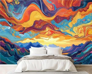 Wall Sticker/Wallpaper Pretty Cactus Desert Sunset Swirling Clouds Mountain Ranges River Silk Wall Mural, Not Peel and Stick Wall Paper Decorative for Living Room Bedroom 149x96inch