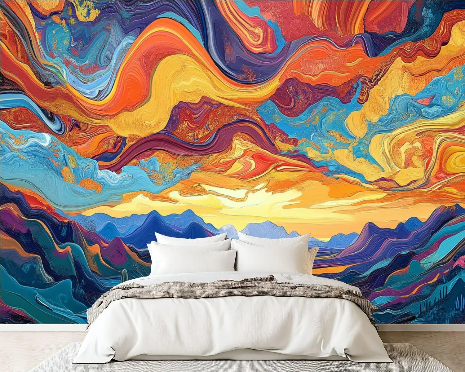 Wall Sticker/Wallpaper Pretty Cactus Desert Sunset Swirling Clouds Mountain Ranges River Silk Wall Mural, Not Peel and Stick Wall Paper Decorative for Living Room Bedroom 149x96inch