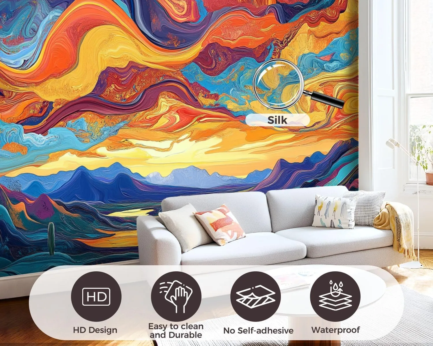 Wall Sticker/Wallpaper Pretty Cactus Desert Sunset Swirling Clouds Mountain Ranges River Silk Wall Mural, Not Peel and Stick Wall Paper Decorative for Living Room Bedroom 149x96inch