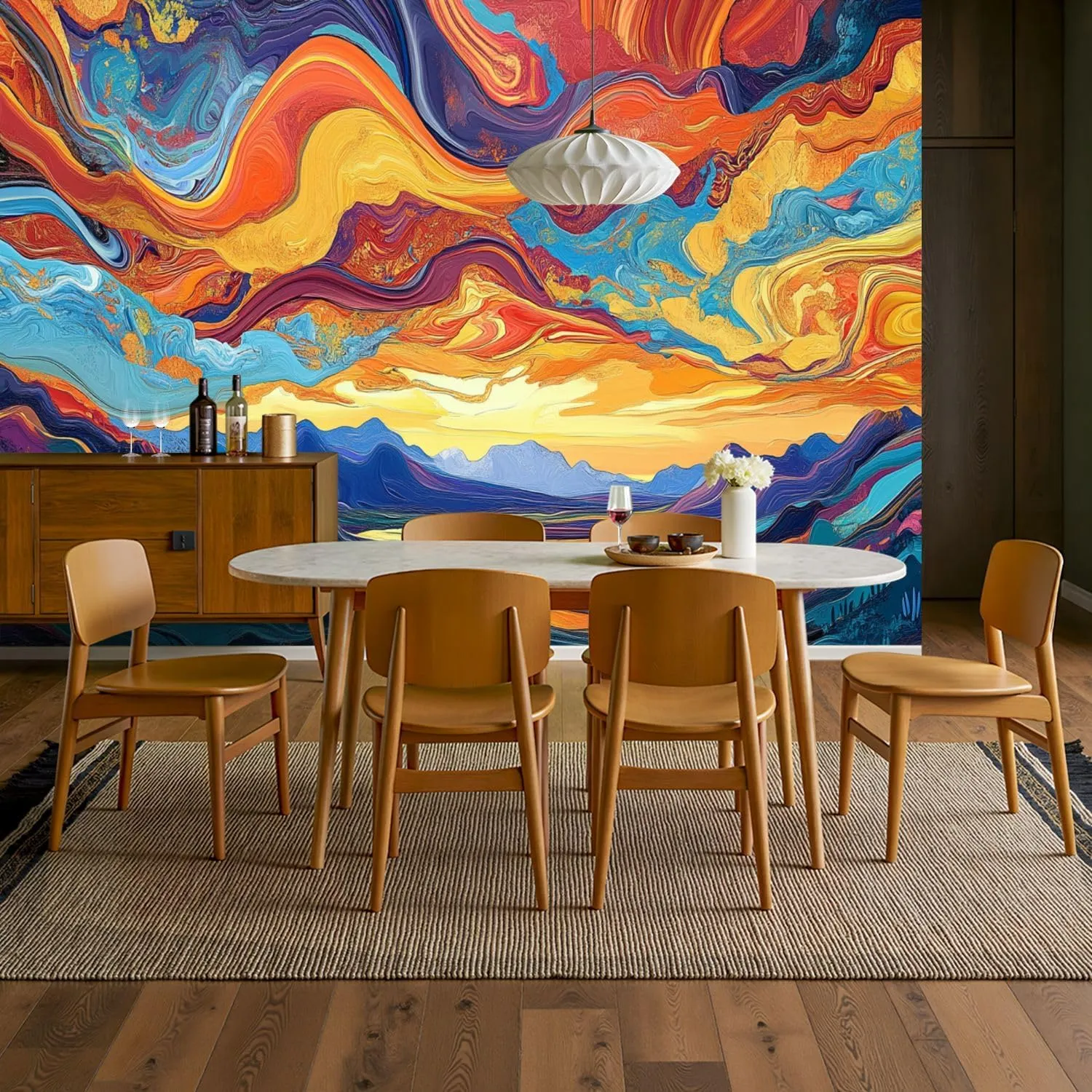 Wall Sticker/Wallpaper Pretty Cactus Desert Sunset Swirling Clouds Mountain Ranges River Silk Wall Mural, Not Peel and Stick Wall Paper Decorative for Living Room Bedroom 149x96inch