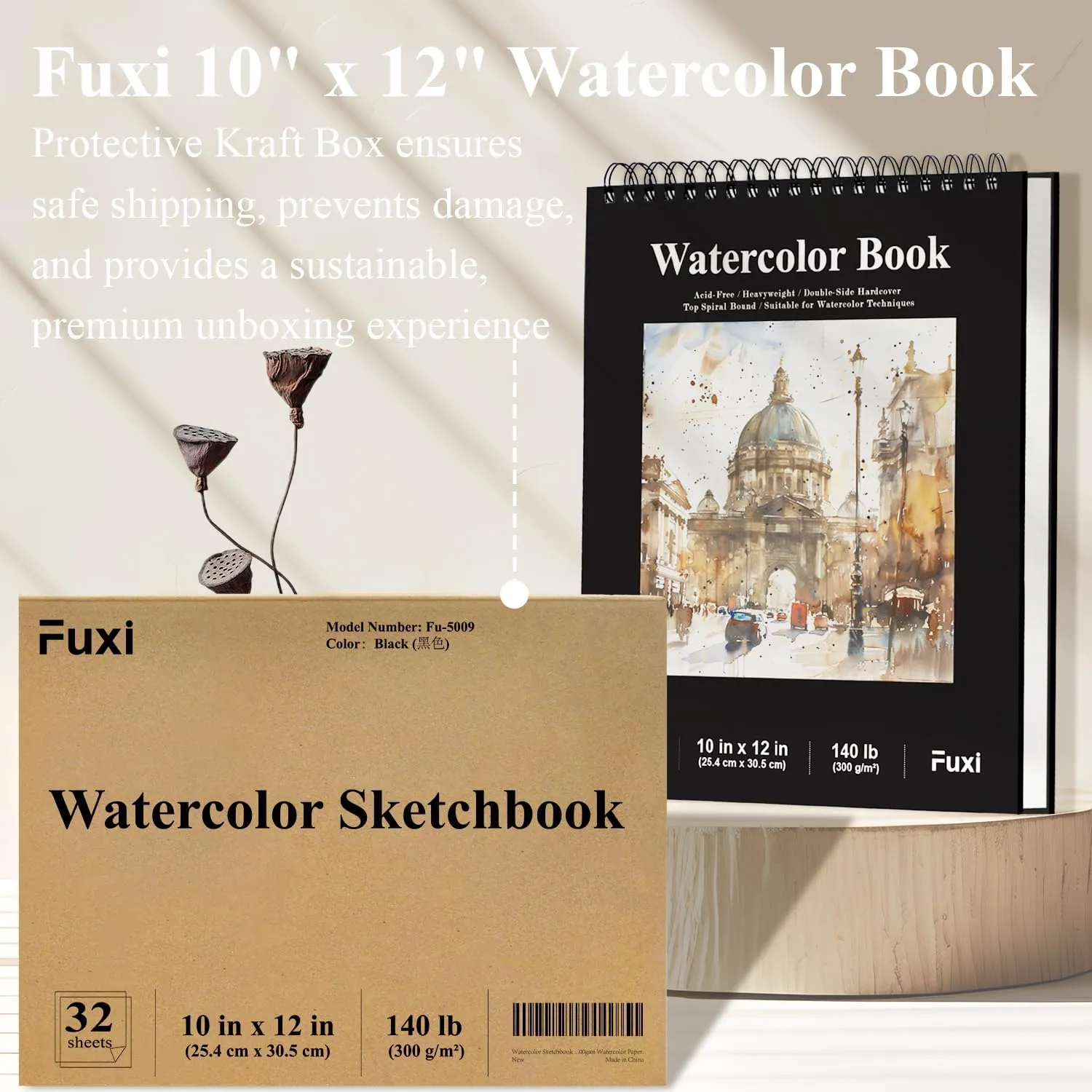 Watercolor Sketchbook 10"x12", 32 Sheets (64 Pages) Water Color Paper, 140lb/300gsm Watercolor Paper, Spiral Hardcover Watercolor Notebook.