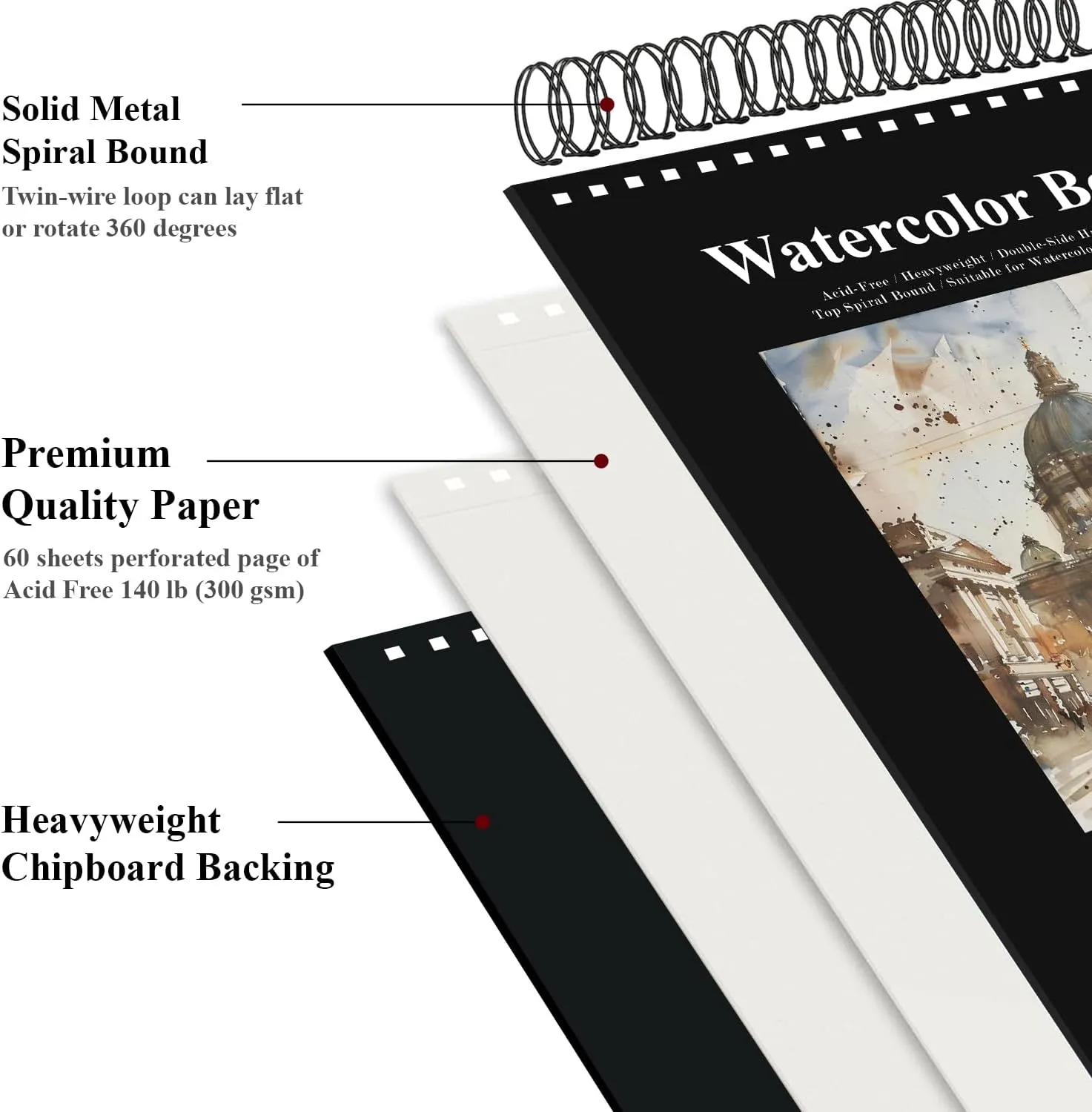 Watercolor Sketchbook 10"x12", 32 Sheets (64 Pages) Water Color Paper, 140lb/300gsm Watercolor Paper, Spiral Hardcover Watercolor Notebook.