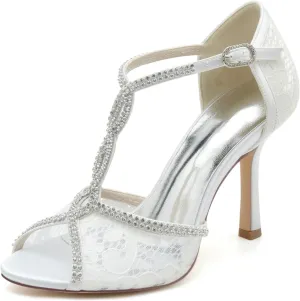 Wedding Bridal Shoes Women Lace Peep Toe High Heel Sandals Rhinestones Stiletto Heel Wedding Evening Dress Shoes 9.5Cm