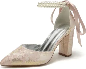 Wedding Shoes for Bride Closed Toe Block Heel Womens High Heels Pointed Toe Pumps Bridal Shoes Bowknot Strap Pearl Sandals Floral Satin Evening,Pink,7