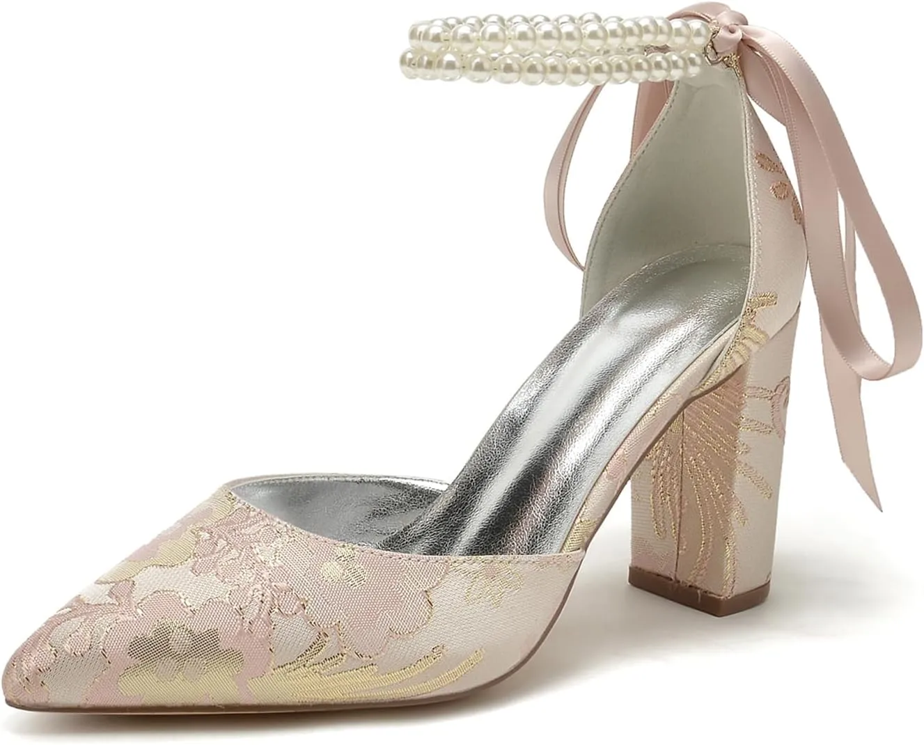 Wedding Shoes for Bride Closed Toe Block Heel Womens High Heels Pointed Toe Pumps Bridal Shoes Bowknot Strap Pearl Sandals Floral Satin Evening,Pink,7