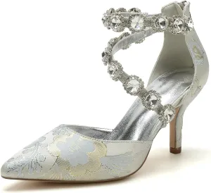 Wedding Shoes for Bride Closed Toe Womens Pointed Toe Bridal Shoes Ankle Strap Stiletto Pumps Floral Satin Evening Dress Sandals Elegant,Silver,11