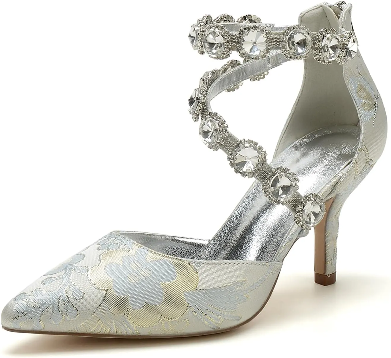 Wedding Shoes for Bride Closed Toe Womens Pointed Toe Bridal Shoes Ankle Strap Stiletto Pumps Floral Satin Evening Dress Sandals Elegant,Silver,11
