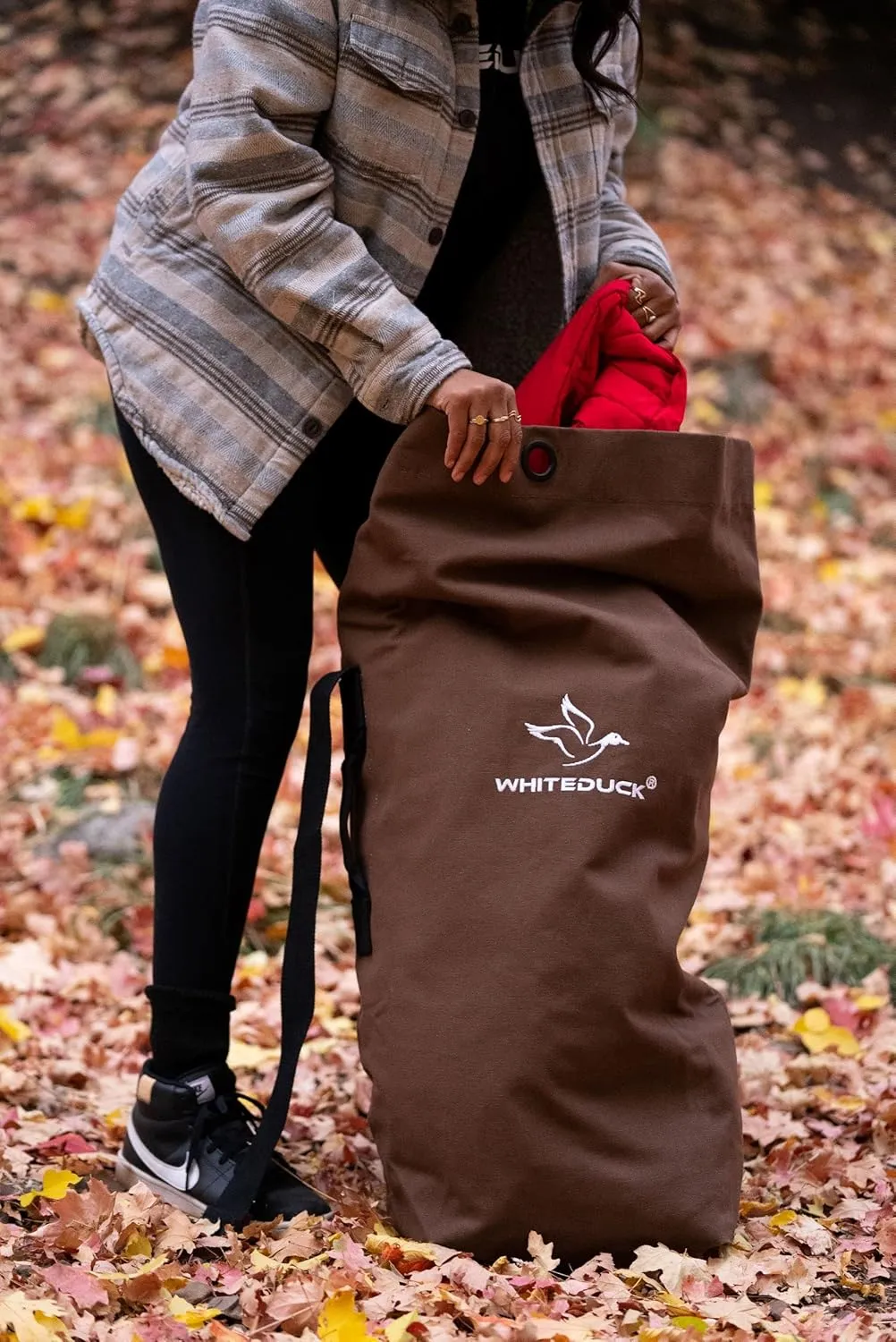 WHITEDUCK Top Load Canvas Folding Duffel Bag, Water Resistant Army Style Shoulder Bag for Men and Women- Gym, Sports, Travel, Hiking, Camping, Backpacking (Small 21" x 36",Brown)