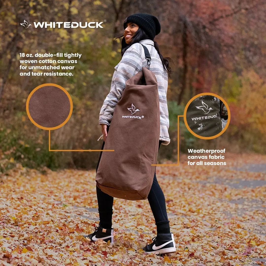 WHITEDUCK Top Load Canvas Folding Duffel Bag, Water Resistant Army Style Shoulder Bag for Men and Women- Gym, Sports, Travel, Hiking, Camping, Backpacking (Small 21" x 36",Olive)