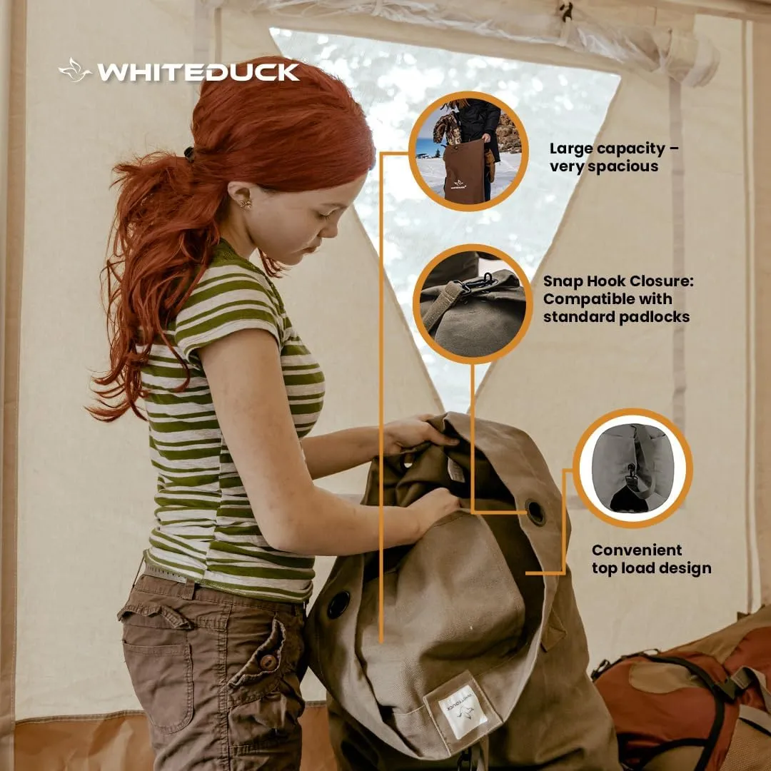 WHITEDUCK Top Load Canvas Folding Duffel Bag, Water Resistant Army Style Shoulder Bag for Men and Women- Gym, Sports, Travel, Hiking, Camping, Backpacking (Small 21" x 36",Olive)