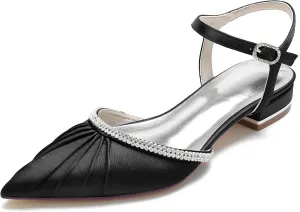 Women Ballet Flats Pleated Satin Rhinestone Wedding Ballerina Shoes for Summer Wedding Party