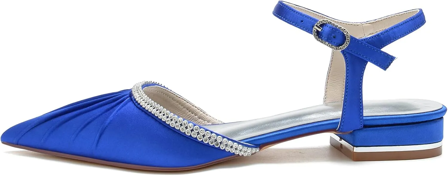Women Ballet Flats Pleated Satin Rhinestone Wedding Ballerina Shoes for Summer Wedding Party