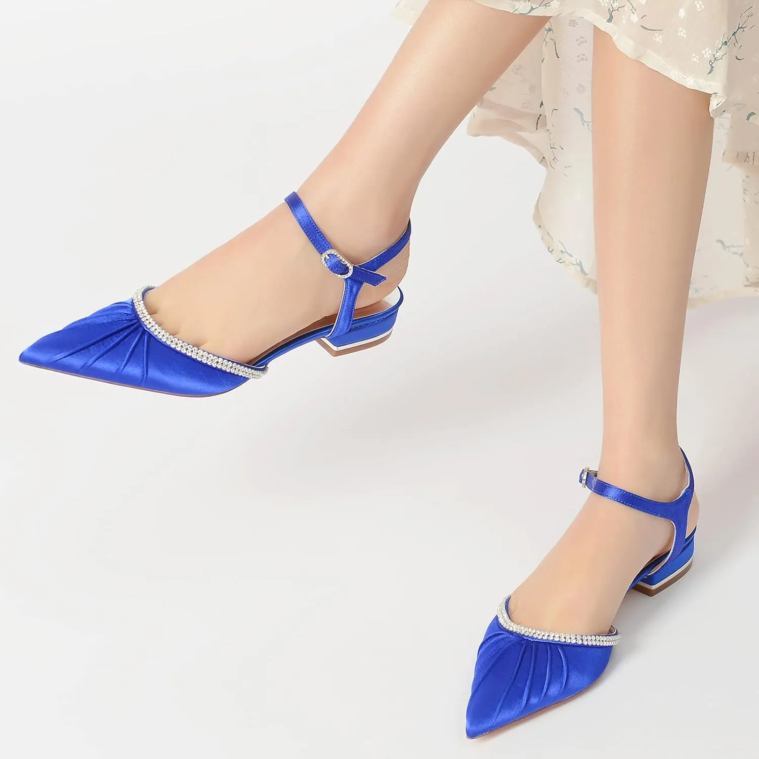 Women Ballet Flats Pleated Satin Rhinestone Wedding Ballerina Shoes for Summer Wedding Party