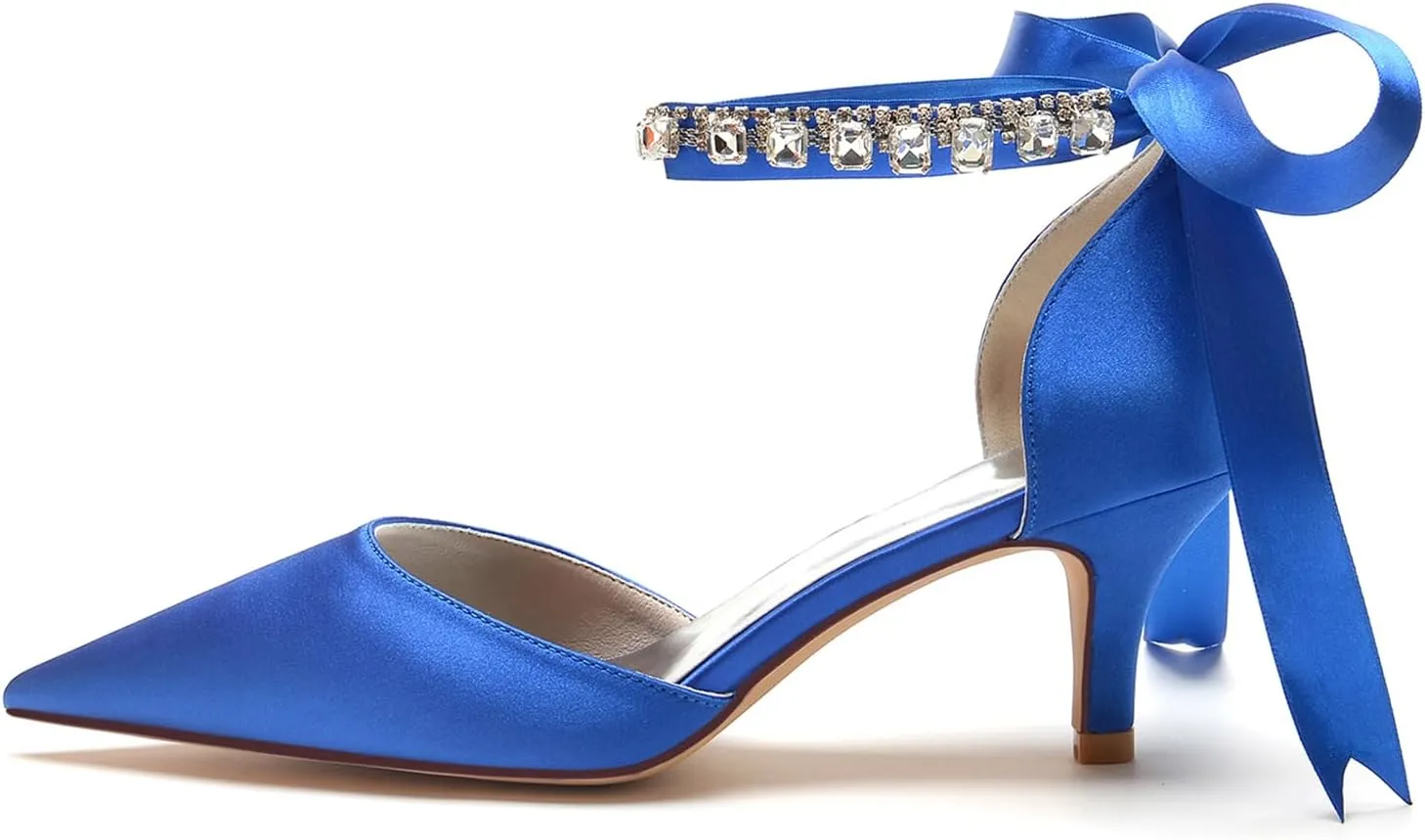 Women Crystals Satin Ribbon Tie Wedding Shoes Pointed Toe Prom Formal Party Dress Pumps Kitten Heel Bridal Shoes